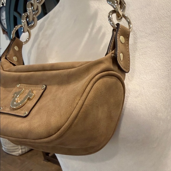True Religion Shoulder Mini Purse Faux Faux Leather Suede Feel Camel Gold Tones - Picture 6 of 16